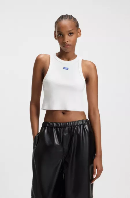 Cropped stretch-cotton tank top with blue logo label