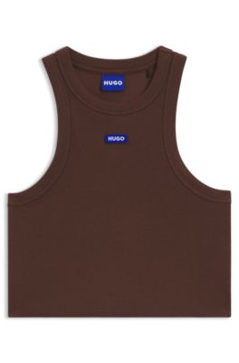 Cropped stretch-cotton tank top with blue logo label, Brown