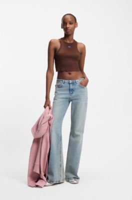 Cropped stretch-cotton tank top with blue logo label, Brown