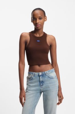 Cropped stretch-cotton tank top with blue logo label, Brown