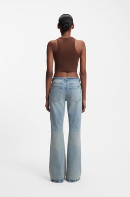 Cropped stretch-cotton tank top with blue logo label, Brown