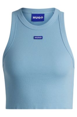 Cropped stretch-cotton tank top with blue logo label, Light Blue
