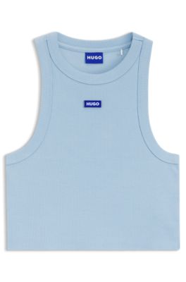 Cropped stretch-cotton tank top with blue logo label, Light Blue