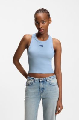 Cropped stretch-cotton tank top with blue logo label, Light Blue