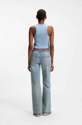 Cropped stretch-cotton tank top with blue logo label, Light Blue