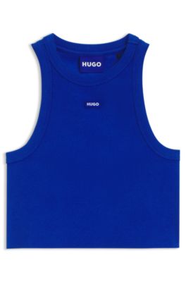 Camiseta corta de tirantes en algod&oacute;n el&aacute;stico con etiqueta con logo azul, Celeste