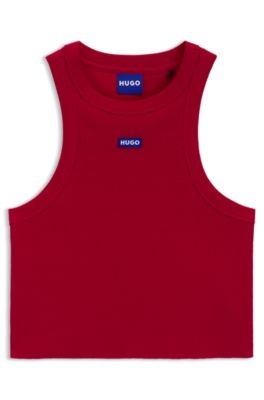 D&eacute;bardeur court en coton stretch avec &eacute;tiquette logo bleue, Rouge sombre