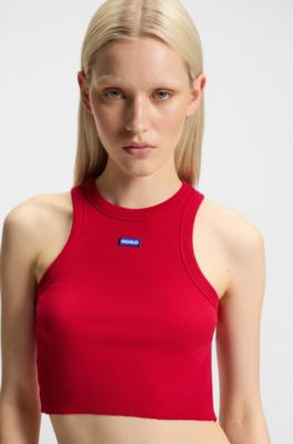 Cropped stretch-cotton tank top with blue logo label, Dark Red