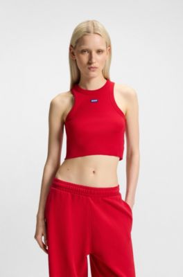 D&eacute;bardeur court en coton stretch avec &eacute;tiquette logo bleue, Rouge sombre