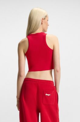 Camiseta corta de tirantes en algod&oacute;n el&aacute;stico con etiqueta con logo azul, Rojo oscuro