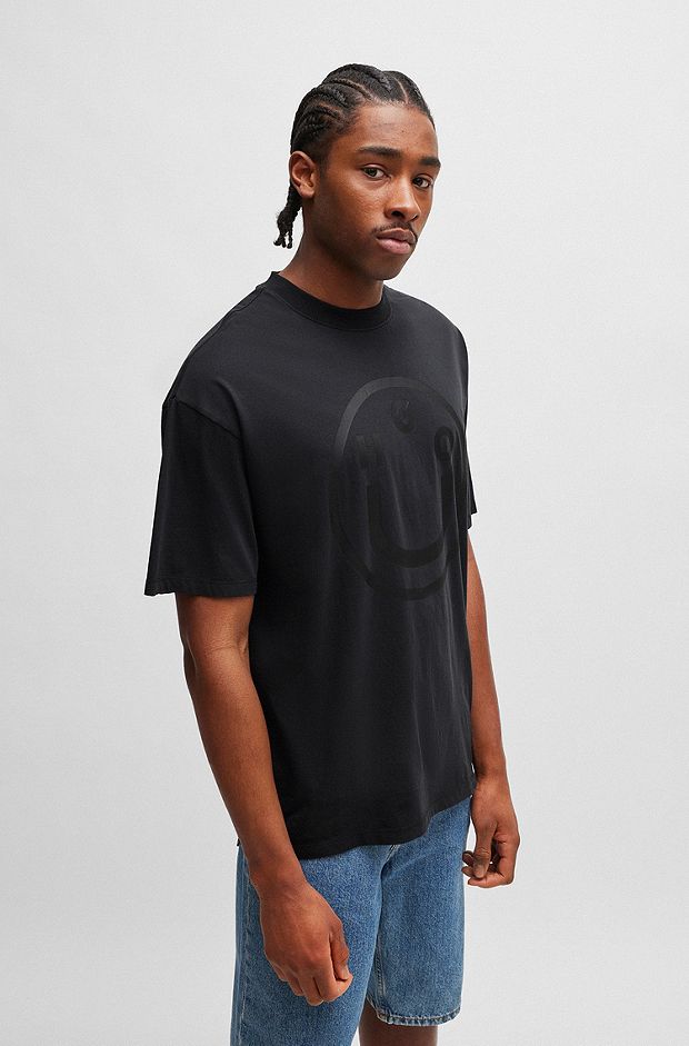 T-shirt Oversized Fit en coton avec logo de la nouvelle saison, Noir