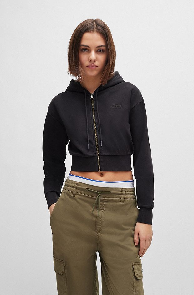 Stretch-cotton cropped hoodie with embroidered logo, Black