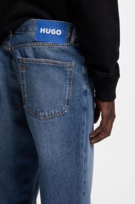Mid-blue regular-fit jeans in cotton denim, Dark Blue