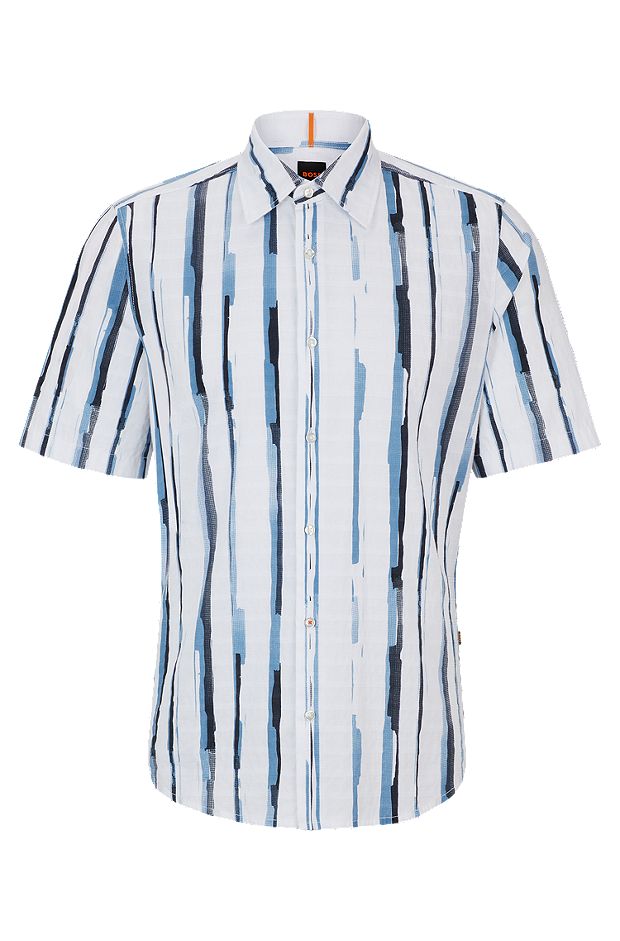 Regular-fit shirt in stripe-print cotton dobby, White