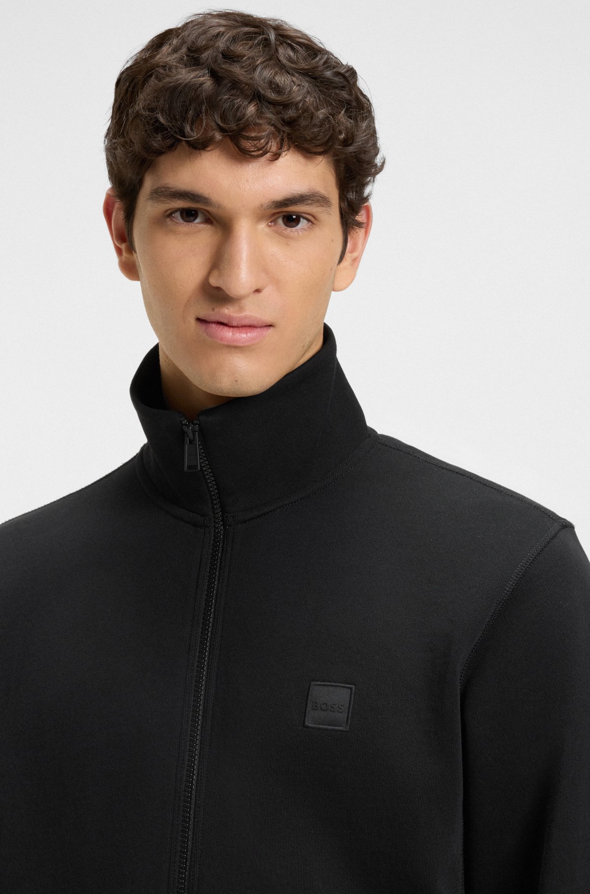 BOSS - Zip-up jacket in cotton terry with logo badge - Black BOSS - Zip-up jacket in cotton terry with logo badge - Black