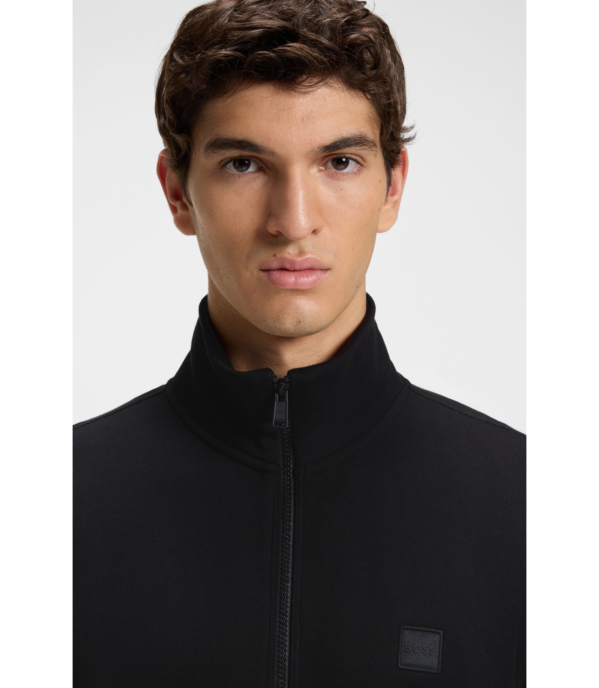 BOSS - Zip-up jacket in cotton terry with logo badge - Black