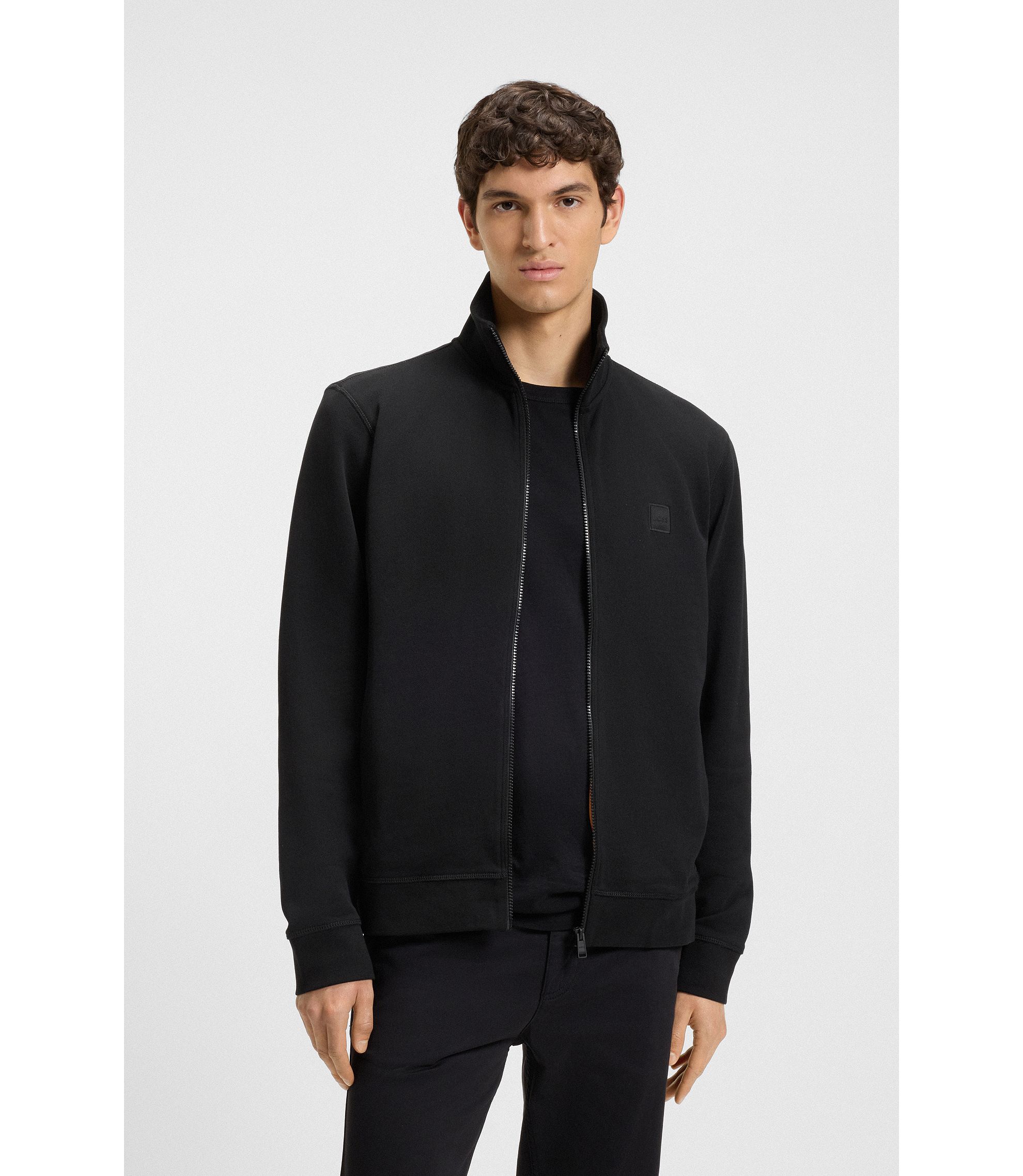 BOSS - Zip-up jacket in cotton terry with logo badge - Black BOSS - Zip-up jacket in cotton terry with logo badge - Black