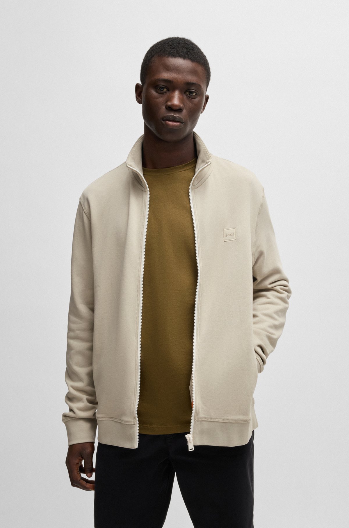 BOSS - Zip-up jacket in cotton terry with logo badge - Light BOSS - Zip-up jacket in cotton terry with logo badge - Light