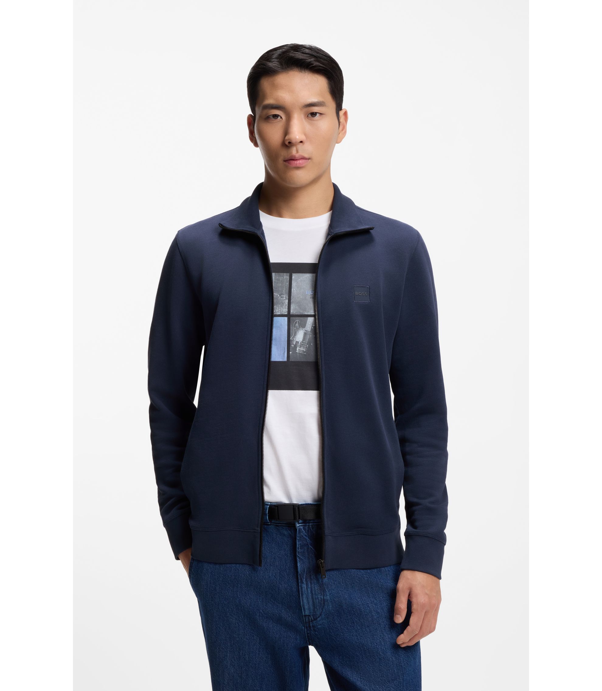 BOSS - Cotton-terry jacket with logo patch - Light Blue