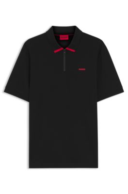 Cotton pique polo shirt with zipper neckline, Black