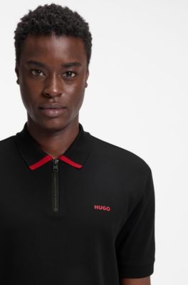 Cotton pique polo shirt with zipper neckline, Black