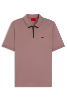 Cotton pique polo shirt with zipper neckline, Light Brown