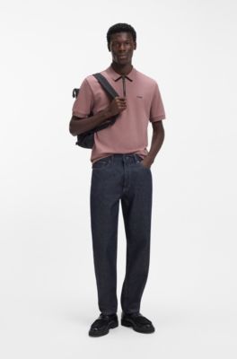 Cotton pique polo shirt with zipper neckline, Light Brown