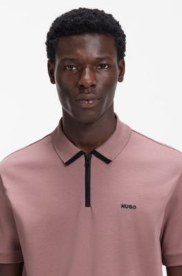 Cotton pique polo shirt with zipper neckline, Light Brown