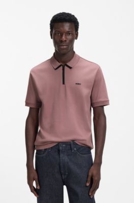 Cotton pique polo shirt with zipper neckline, Light Brown