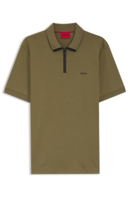 Cotton pique polo shirt with zipper neckline, Light Green