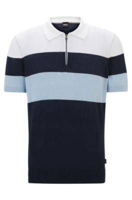 Shop Hugo Boss Zip-neck Polo Sweater In A Linen Blend In Dark Blue