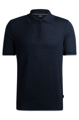 Shop Hugo Boss Zip-neck Polo Sweater In A Linen Blend In Dark Blue