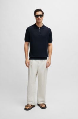 Zip-neck knit polo in a linen blend, Dark Blue