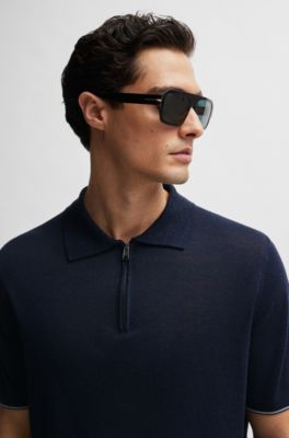 Zip-neck knit polo in a linen blend, Dark Blue
