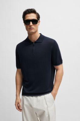 Zip-neck knit polo in a linen blend, Dark Blue
