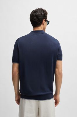 Zip-neck knit polo in a linen blend, Dark Blue