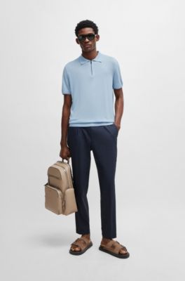 Zip-neck knit polo in a linen blend, Light Blue