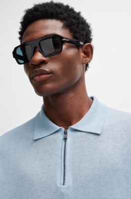 Zip-neck knit polo in a linen blend, Light Blue