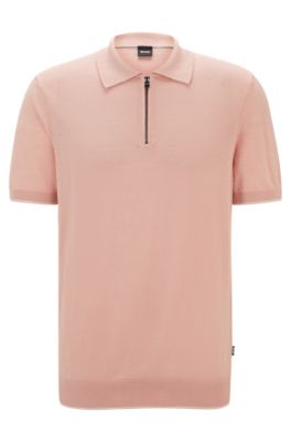 Shop Hugo Boss Zip-neck Polo Sweater In A Linen Blend In Light Pink