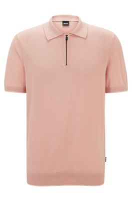 Hugo Boss Zip-neck Knit Polo In A Linen Blend In Light Pink