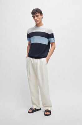 Jersey regular fit en mezcla de lino con ribetes acentuados, Azul oscuro