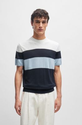 Jersey regular fit en mezcla de lino con ribetes acentuados, Azul oscuro