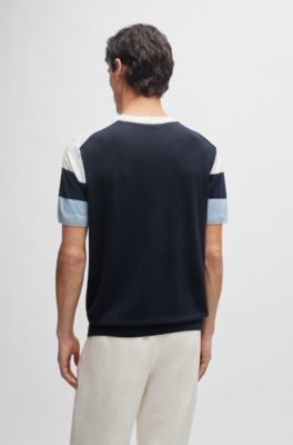 Jersey regular fit en mezcla de lino con ribetes acentuados, Azul oscuro