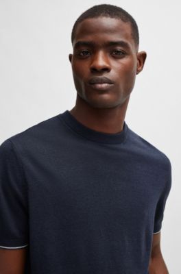 Jersey regular fit en mezcla de lino con ribetes acentuados, Azul oscuro