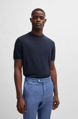 Jersey regular fit en mezcla de lino con ribetes acentuados, Azul oscuro