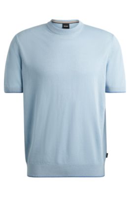 Shop Hugo Boss Linen-blend Regular-fit Sweater With Accent Tipping In Light Blue