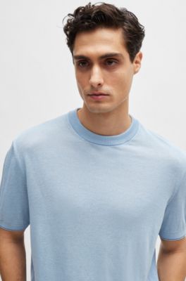 Jersey regular fit en mezcla de lino con ribetes acentuados, Celeste