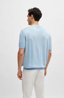 Jersey regular fit en mezcla de lino con ribetes acentuados, Celeste