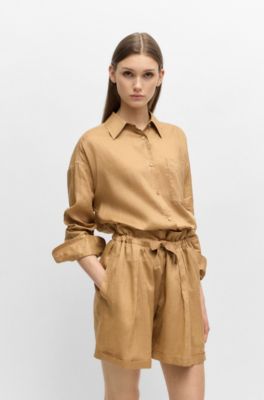 BOSS - Relaxed-fit blouse in ramie canvas with point collar