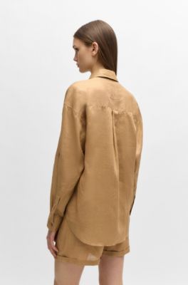 BOSS - Relaxed-fit blouse in ramie canvas with point collar
